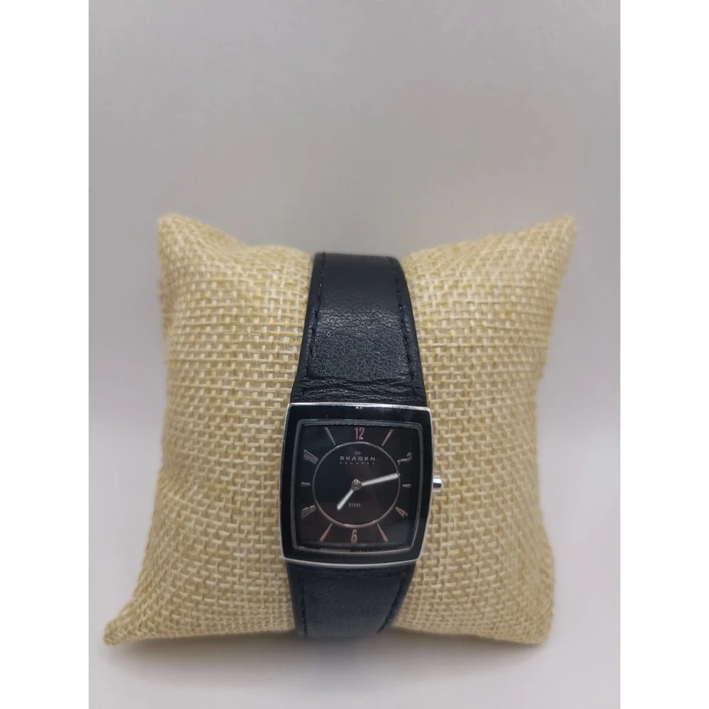 Skagen Denmark 693XSBLB Black Dial Rectangular Watch Leather Band Stainless Stee